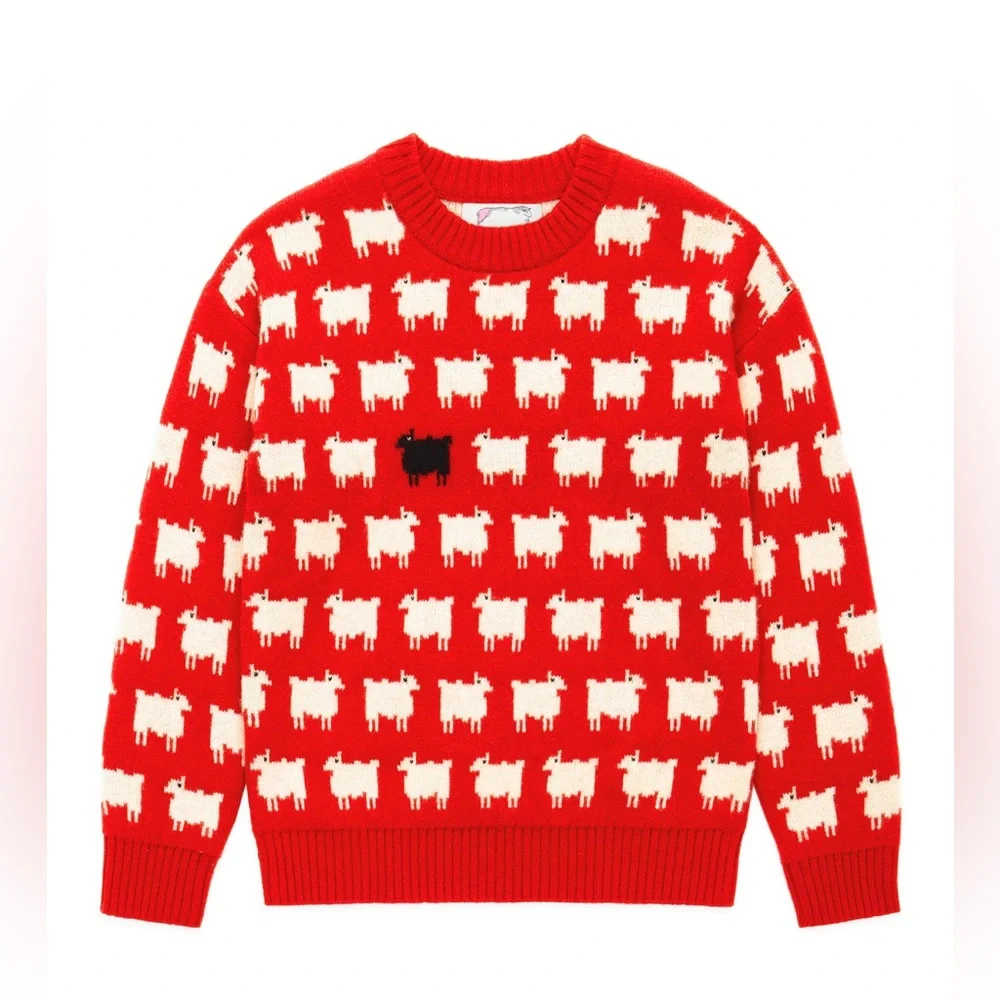 Red Sheep Pattern Crewneck Sweater - White & Black Motif